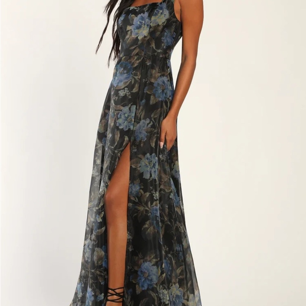 Lulus Black Floral Print Organza Maxi Dress